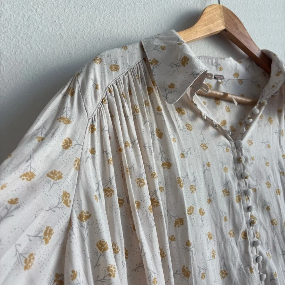 Free People Modern Muse White and Yellow Floral Button Down Blouse High Low Top